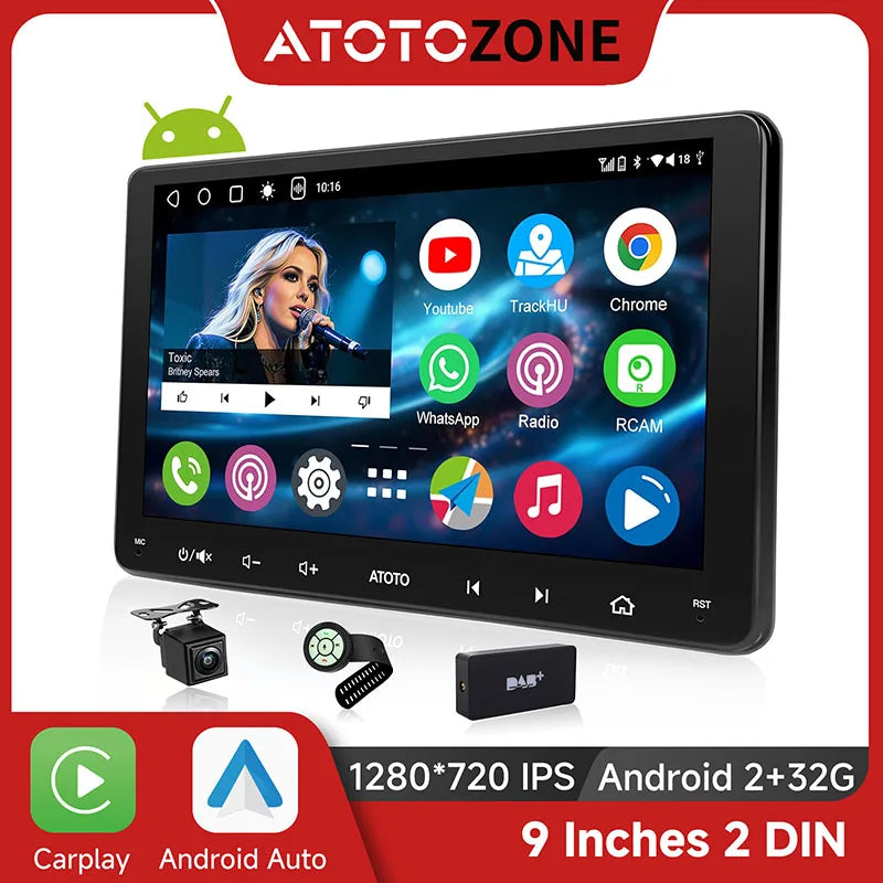 ATOTOZONE 9 Inch Android Car Radio Stereo Multimedia GPS Navigation Bluetooth WiFi FM Support Wireless Android Auto Carplay