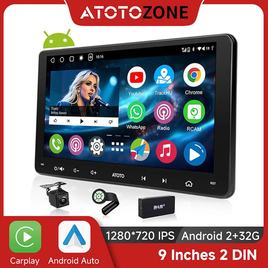 ATOTOZONE 9 Inch Android Car Radio Stereo Multimedia GPS Navigation Bluetooth WiFi FM Support Wireless Android Auto Carplay
