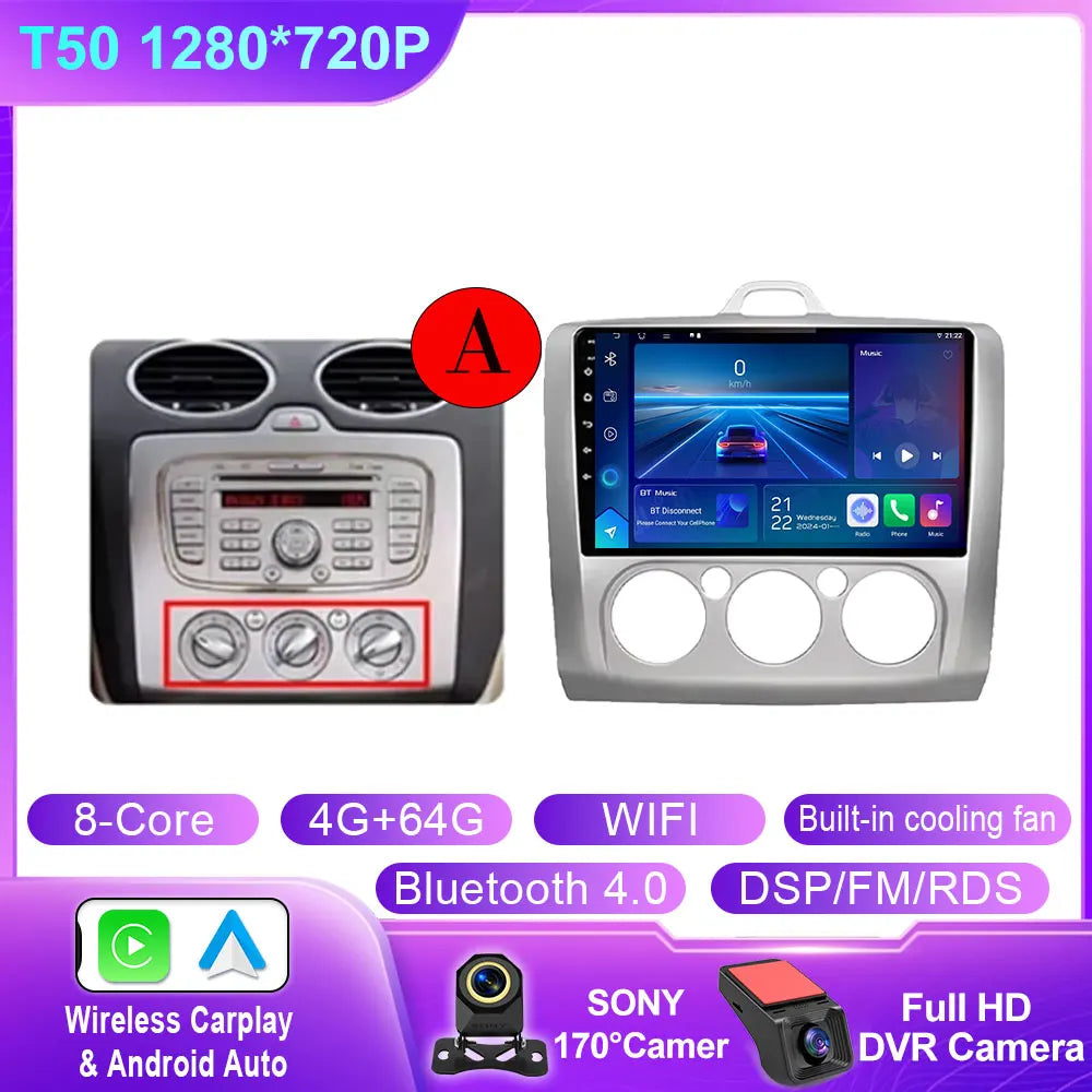 Android 14 Wireless CarPlay Auto For Ford Focus 2 3 Mk2 Mk3 2004-2011 4G+WIFI Car Radio Multimedia Stereo Player GPS 360 Camera