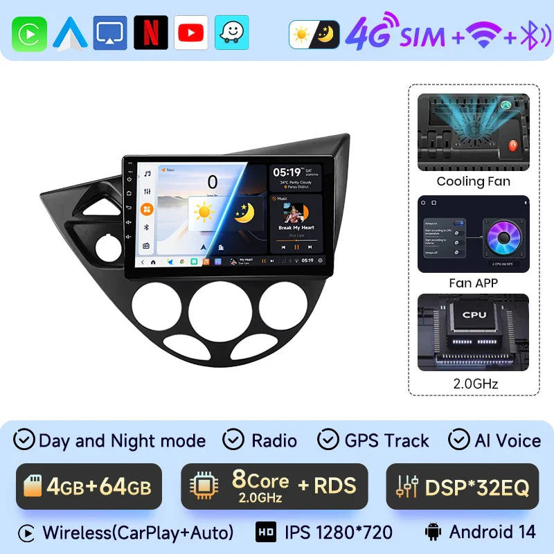 JIUYIN Wireless CarPlay Android Auto Radio for Ford Fiesta 1995-2001 Focus MK1 1998-2004 GPS 2din autoradio