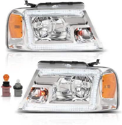 LED DRL Headlights Assembly Halogen Compatible with Ford F150 2004-2008 /Fit Lincoln Mark LT 2006-2008 HeadLamps Clear Lens Chro