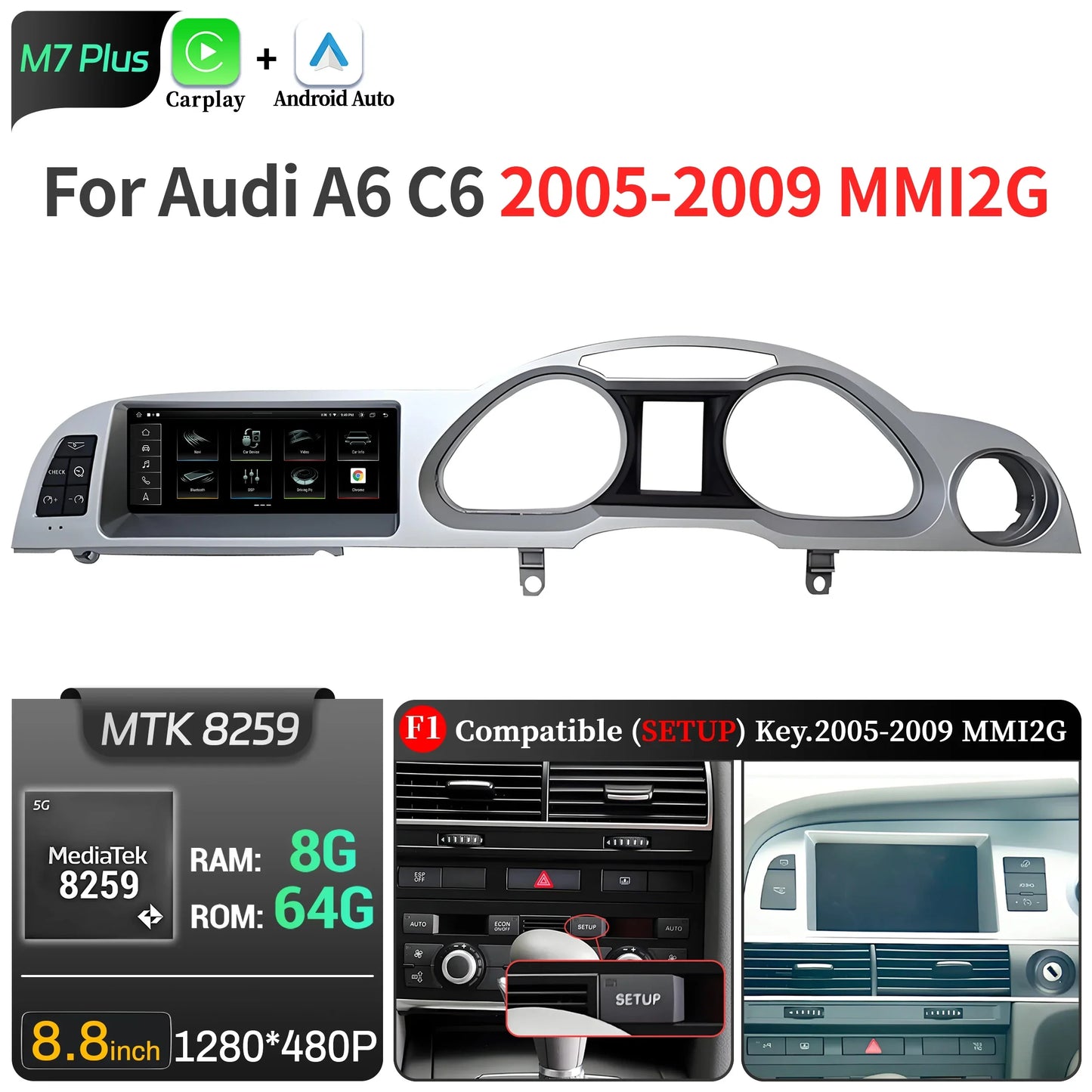 8.8 inch Right Hand Drive Android 14 For Audi A6 C6 2005-2011 Car Radio Wireless BT Carplay Qualcomm Snapdragon 680 Touch Screen