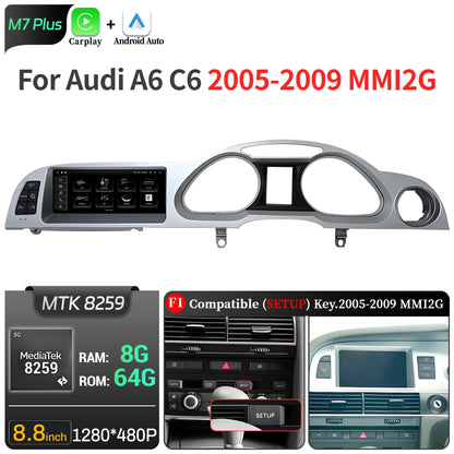8.8 inch Right Hand Drive Android 14 For Audi A6 C6 2005-2011 Car Radio Wireless BT Carplay Qualcomm Snapdragon 680 Touch Screen