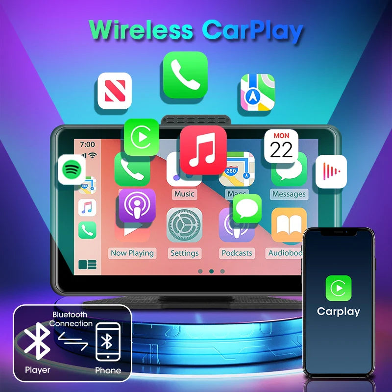 Vtopek 7" Car DVR Dash Cam Wireless Carplay & Android Auto Touch Screen Car Radio Multimedia Video Player Bluetooth Stereo GPS