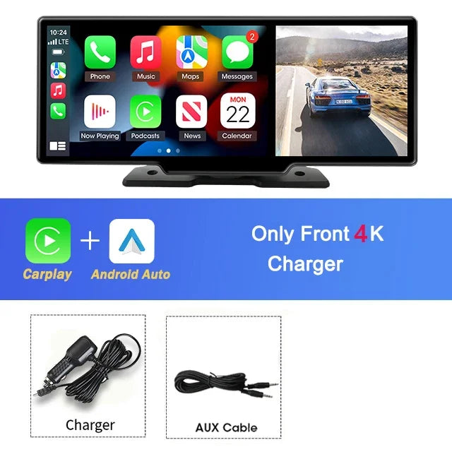 10.26"Car DVR with CarPlay&Android Auto,4K(3840*2160) Front and 1080P RearCamera,VoiceControl,BT,FM,GPS Recorder,DualLensDashcam