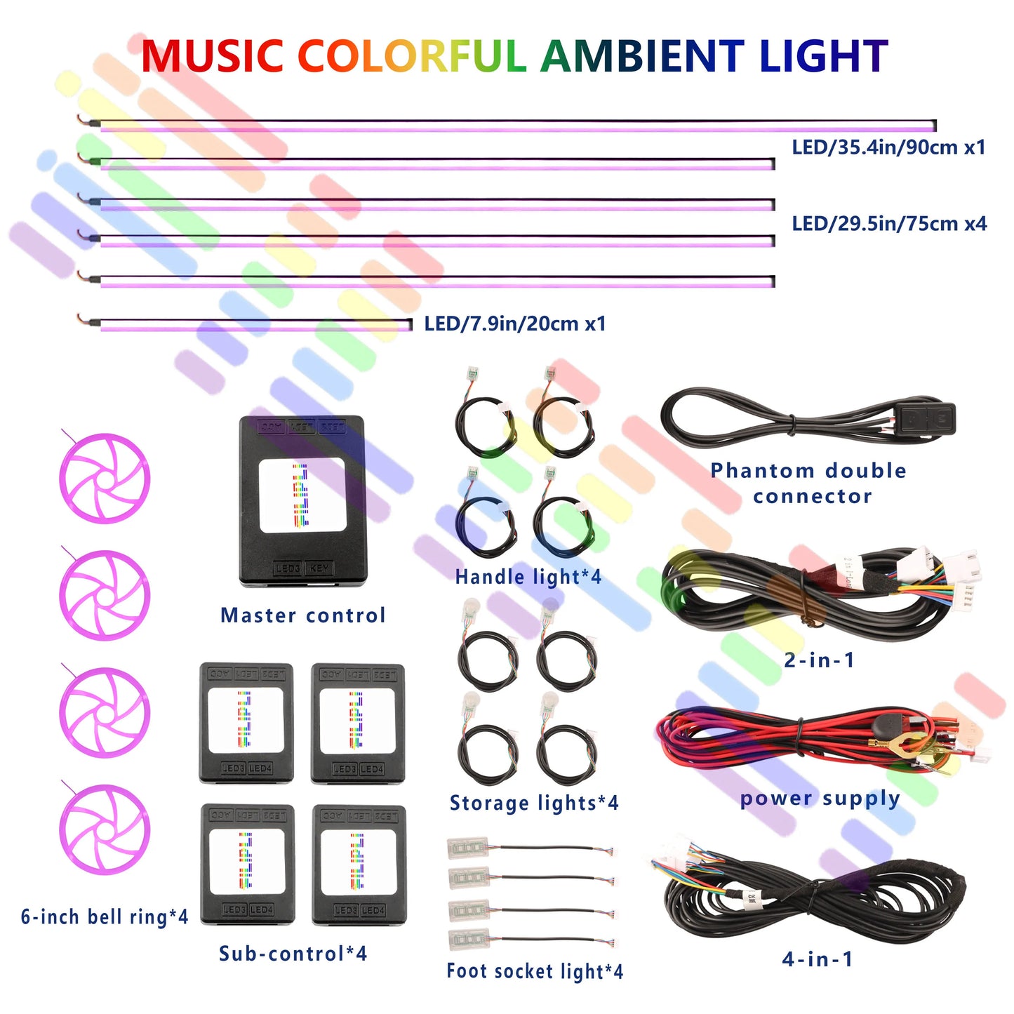 Car Symphony Ambient LED Lamp Strips Remote App Control Auto Interior Accessories 64 RGB Rainbow Atmosphere Acrylic Lights 22in1