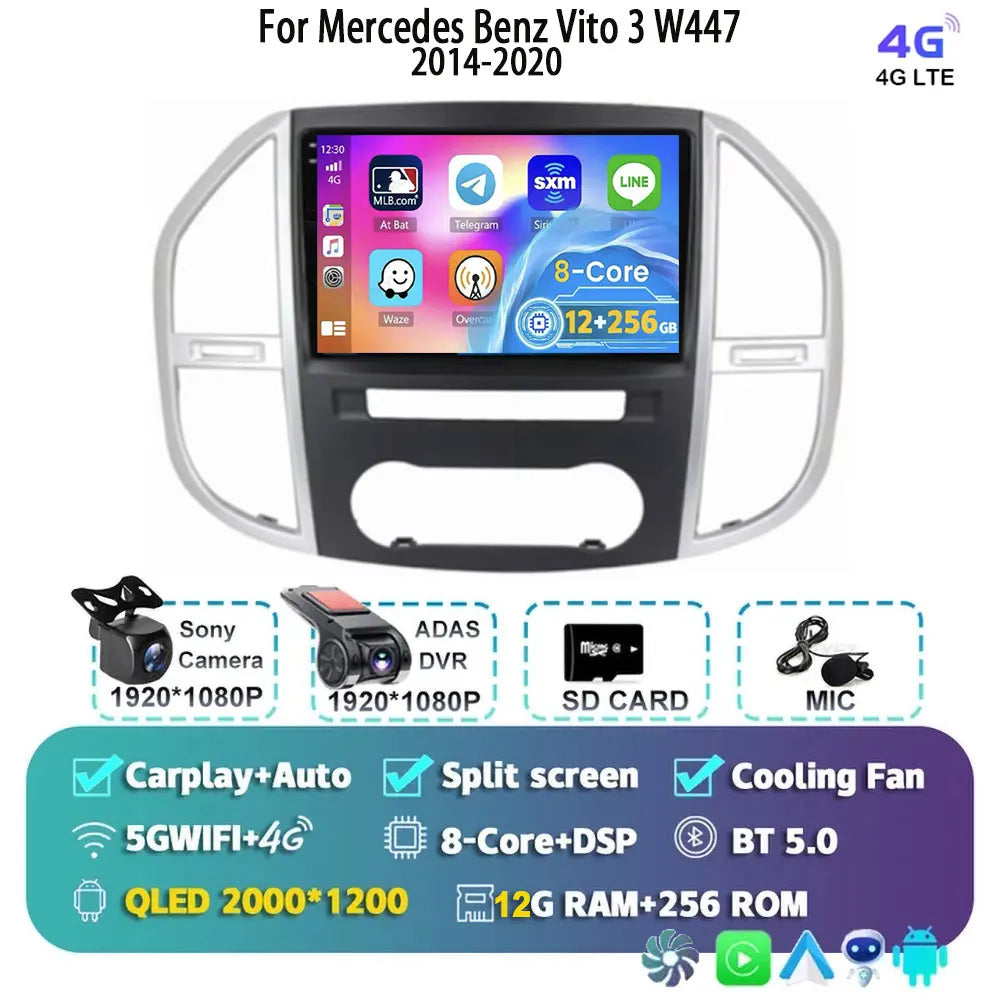 Android 14 For Mercedes Benz Vito 3 W447 2014-2020 2K QLED Android Car Radio Multimedia Video Player 4G Stereo CarPlay Head Unit