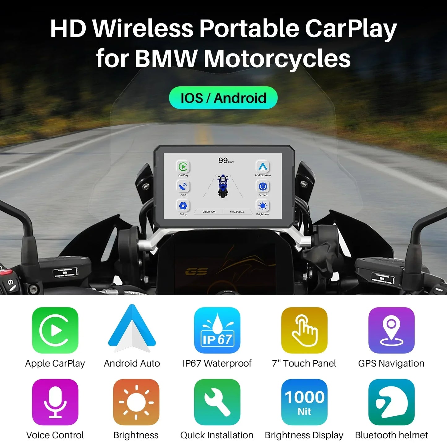7 Inch Android Auto Carplay for Bmw Motorcycles GPS Screen Wireless Navigator Carplay Screen  Motorcycle Waterproof Display
