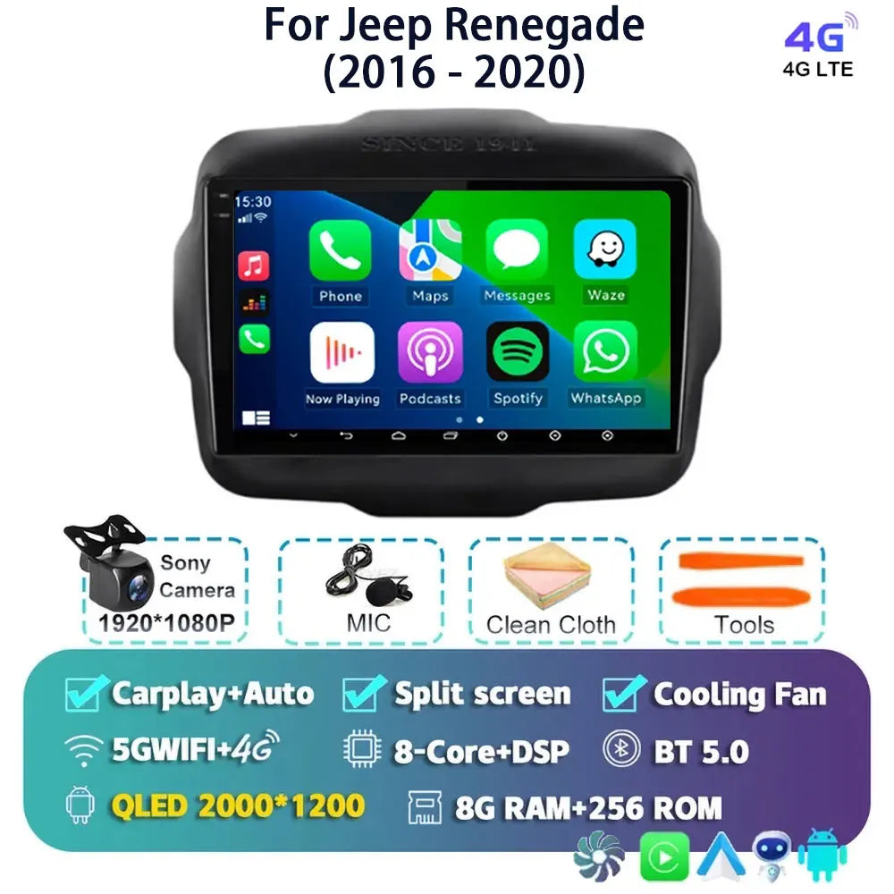 Android 14 For Jeep Renegade 2016 - 2020 2K QLED Android Car Radio Multimedia Video Player GPS AI Voice CarPlay 4G Stereo