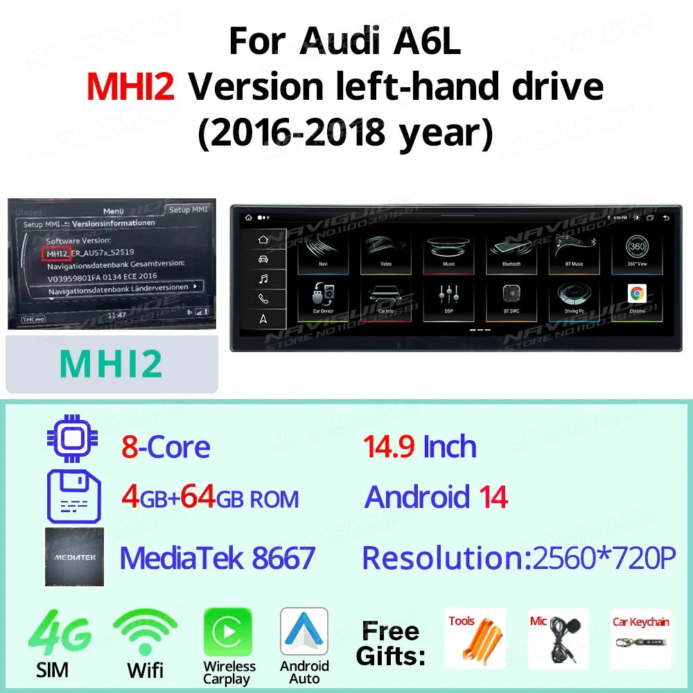 14.9" Android14 Car Radio For Audi A6L 2012-2018 Car Multimedia Player Wireless Carplay Android Auto Smart car system Navigation
