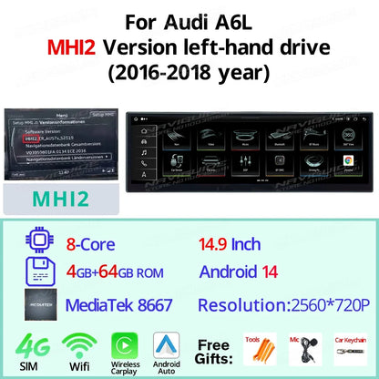 14.9" Android14 Car Radio For Audi A6L 2012-2018 Car Multimedia Player Wireless Carplay Android Auto Smart car system Navigation