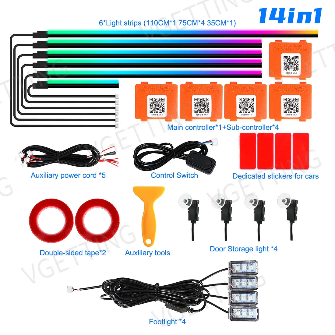 18in1 Car LED Ambient Lights Full Color Streamer Multicolour Interior Acrylic Strip Atmosphere Light APP Control RGB 64 Color