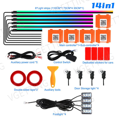 18in1 Car LED Ambient Lights Full Color Streamer Multicolour Interior Acrylic Strip Atmosphere Light APP Control RGB 64 Color