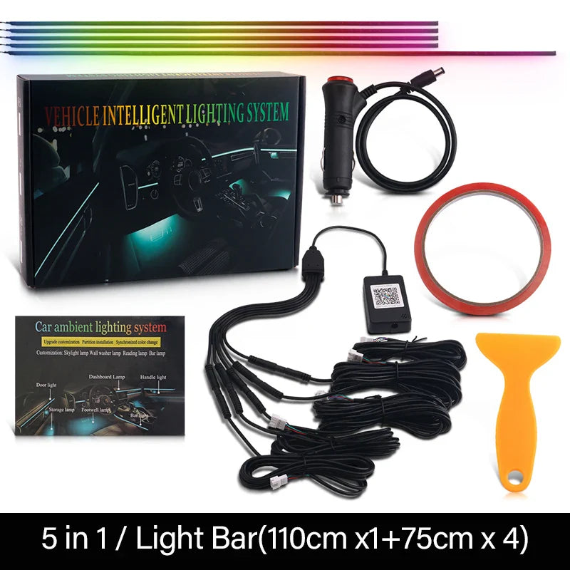 18 / 22 In 1 Streamer Car Ambient Lights RGB 213 64 Color LED Interior Rainbow Acrylic Strip Symphony Remote Atmosphere Lamp Kit