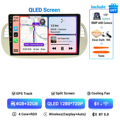 Android 15 8+256G For Fiat 500 Car Radio Stereo GPS Navigation Mirror Connection Split Screen Multimedia Carplay Auto Player DSP