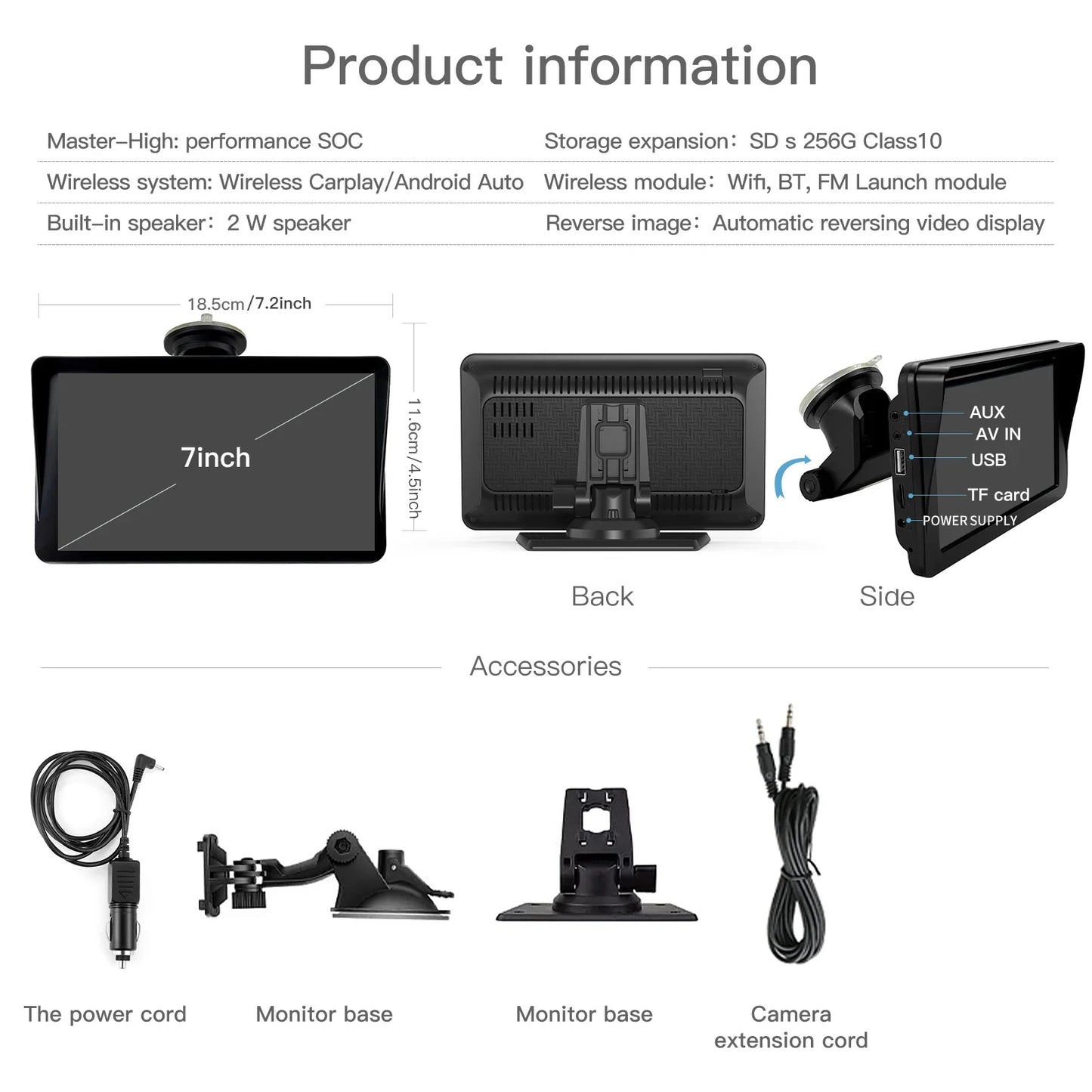 Car Radio Wireless CarPlay Android Auto Multimedia Video Player 7inch Portable Touch Screen With USB AUX For Rear View Camera