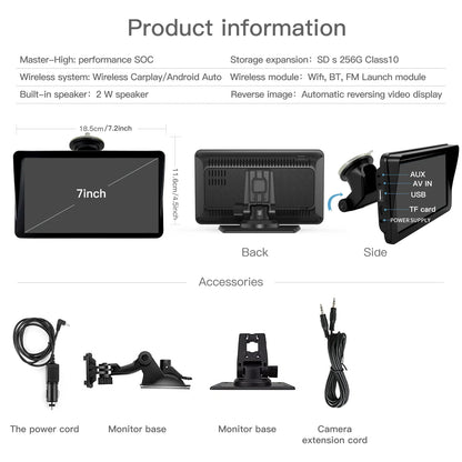Car Radio Wireless CarPlay Android Auto Multimedia Video Player 7inch Portable Touch Screen With USB AUX For Rear View Camera