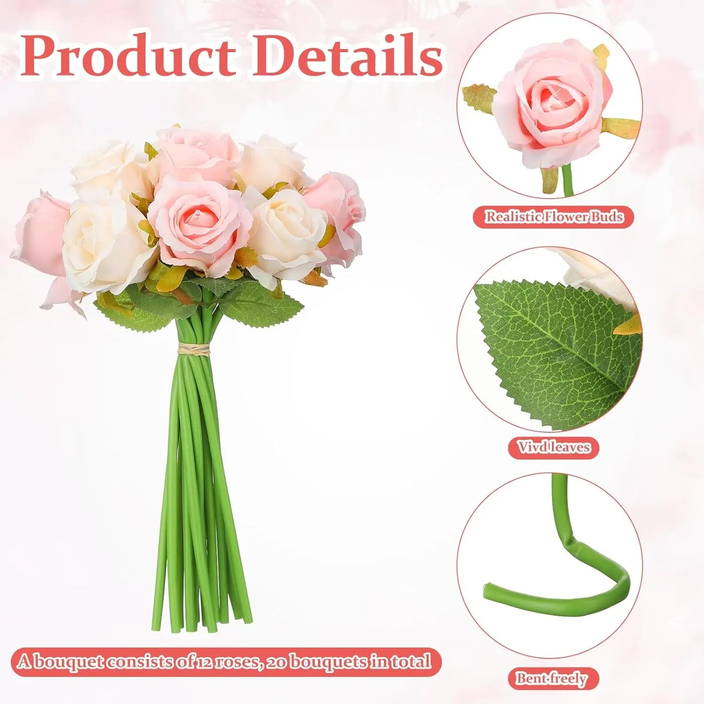 240 Pcs Artificial Rose Flowers Bouquet Silk Realistic Flowers Bulk Centerpieces DIY Bride Fake Rose for Home Bridal Wedding Par