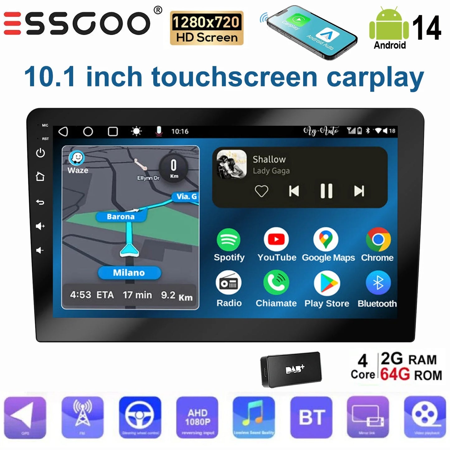 ESSGOO 10.1 Inch touchscreen 2 DIN Car stereo radio Android 14 Wireless Carplay Android auto GPS Navigation WiFi FM RDS SWC USB