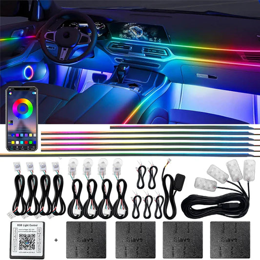 18 in 1 Dual Zone Symphony LED Car Ambient Light Rainbow Neon RGB Acrylic Strip Interior Decoration Streamer Atmosphere Lamp 12V