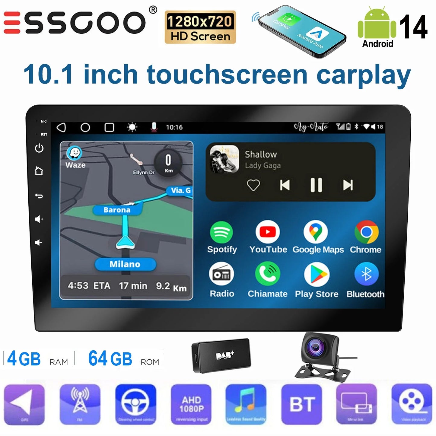 ESSGOO 10.1 Inch touchscreen 2 DIN Car stereo radio Android 14 Wireless Carplay Android auto GPS Navigation WiFi FM RDS SWC USB