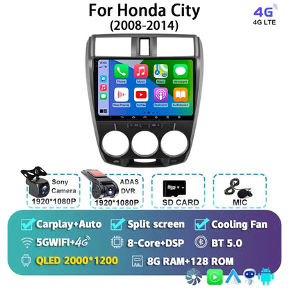 Android 14 Carplay Auto GPS For Honda City 2008 2009 2010 - 2014 Car Radio DSP Multimedia WIFI+4G Head Unit Video Stereo Player