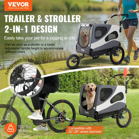 VEVOR 100lbs Dog Bike Trailer 2-in-1 Pet Stroller Cart Bicycle Carrier Folding Cart Frame with Wheels Reflectors Flag for Dogs
