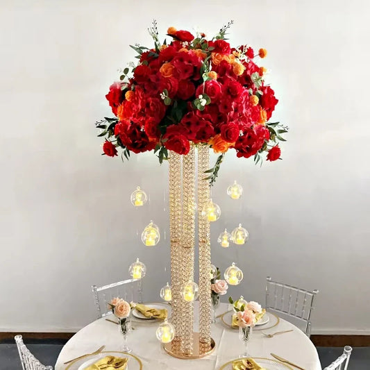 Metal Flower Stand Centerpiece with Hanging Ball Round Gold Wedding Table Centerpiece for Wedding Valentine's Day Decoration