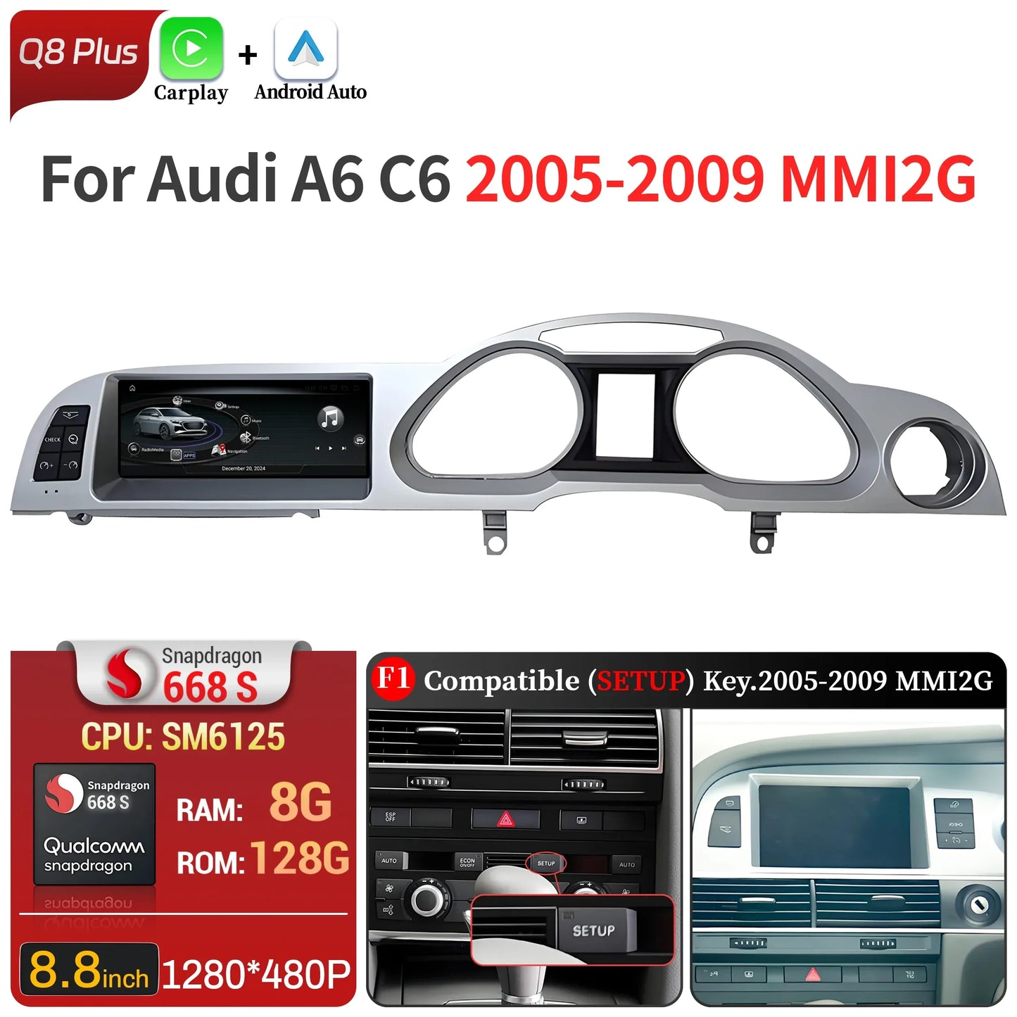 8.8 inch Right Hand Drive Android 14 For Audi A6 C6 2005-2011 Car Radio Wireless BT Carplay Qualcomm Snapdragon 680 Touch Screen