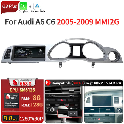 8.8 inch Right Hand Drive Android 14 For Audi A6 C6 2005-2011 Car Radio Wireless BT Carplay Qualcomm Snapdragon 680 Touch Screen