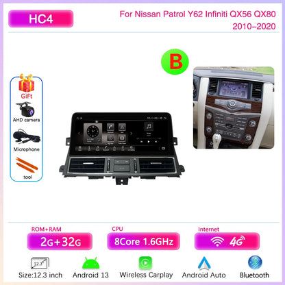 12.3 " Android13 Car Multimedia Video Player For Nissan Patrol Y62 Infiniti QX56 QX80 2010-2020 GPS Navigation CarPlay Auto 4G