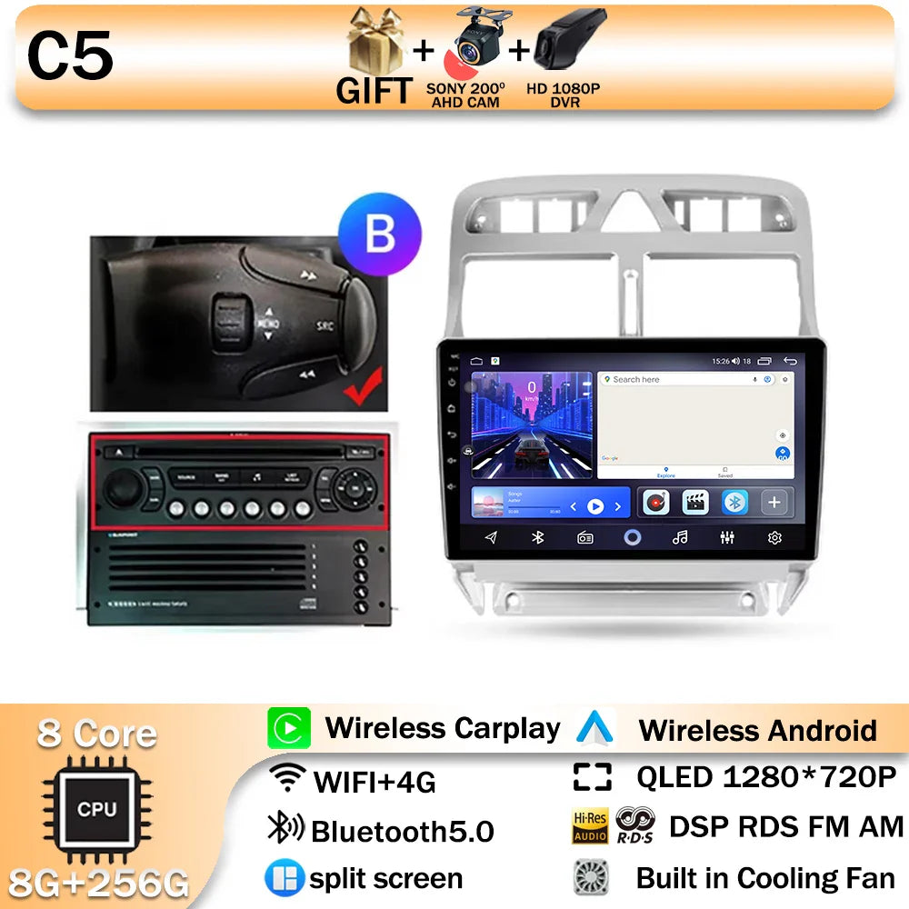 Carplay 2din Android 14 Car Radio Multimedia Gps Navigation For Peugeot 307 307CC 307SW 2002-2013 Stereo 2 DIN 4G WIFI Head Unit