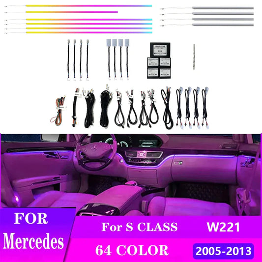 64 Colors LED Symphony Ambient Lights 18 in 1 for Mercedes Benz S-Class W221 2005-2013 Dashboard Door Decoration Atmosphere Lamp