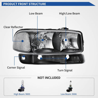 Headlight Assembly Compatible with 1999 2000 2001 2002 2003 2004 2005 2006 GMC Sierra 1500 2500 3500/00-06 GMC Yukon Headlamp wi