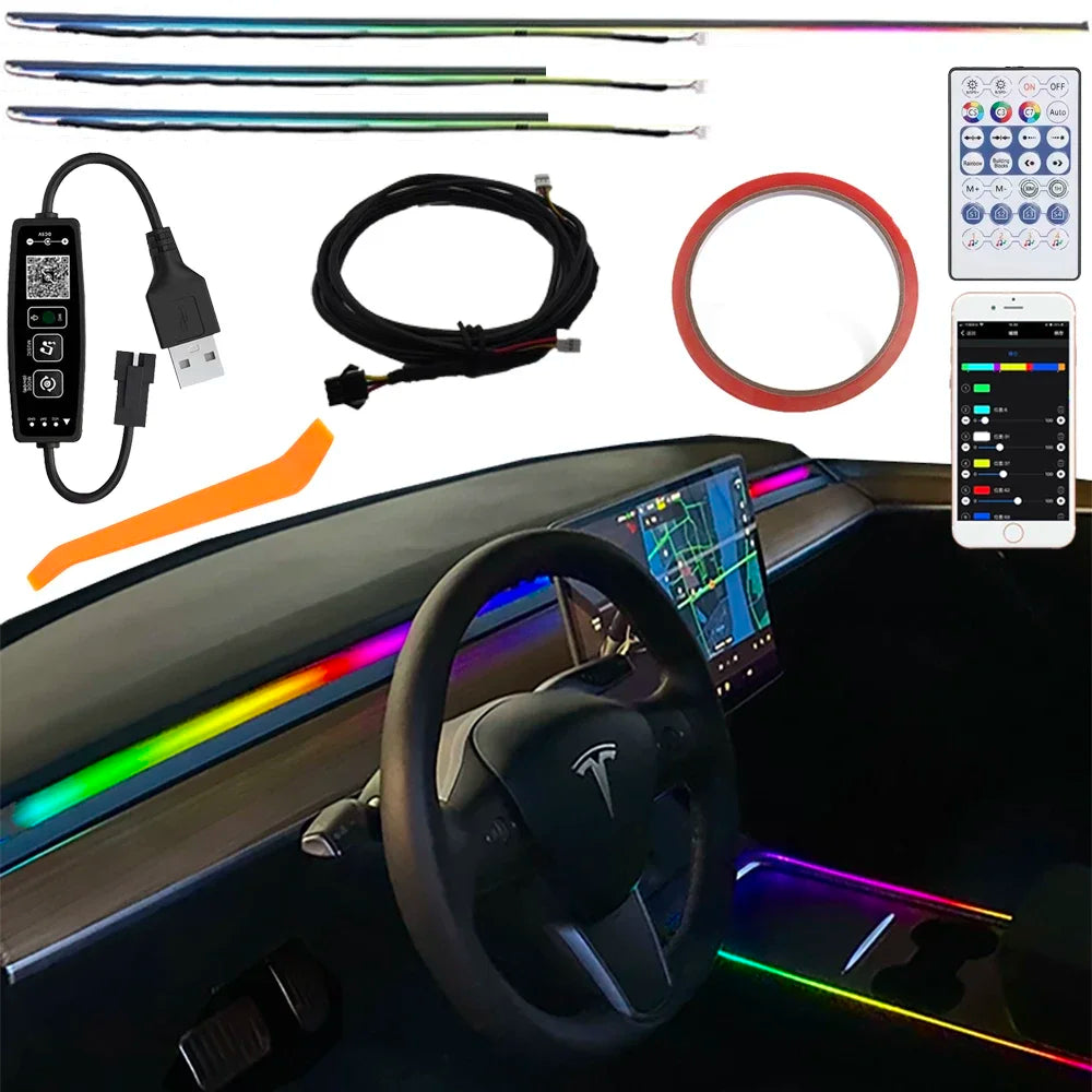 For Tesla Model 3 Y 120cm/47.24inch Car USB Ambient Lights LED Interior Sound Control RGB Symphony Atmosphere Lamp APP Remote