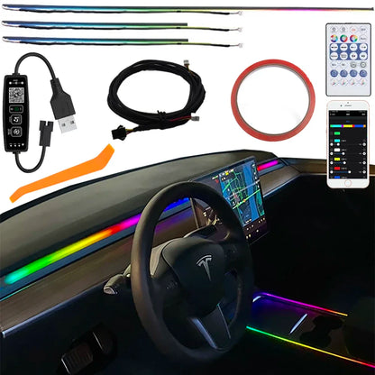 For Tesla Model 3 Y 120cm/47.24inch Car USB Ambient Lights LED Interior Sound Control RGB Symphony Atmosphere Lamp APP Remote