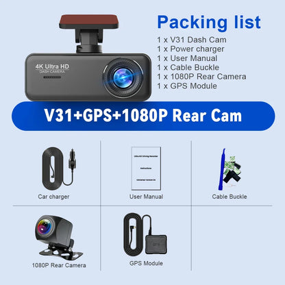 Soam 4K Ultra HD Dash Cam Car DVR Recorder Front and Rear Cam 170° wide Angle WIFI GPS Car Camera WDR Night Vision APP control