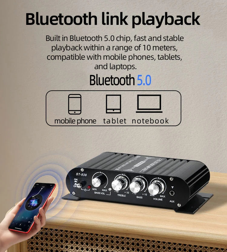 Mini car Amplificador Audio With  Bluetooth5.0  2.1 Channel Supports Input from Mainstream Devices such as DVD, TV, Computer