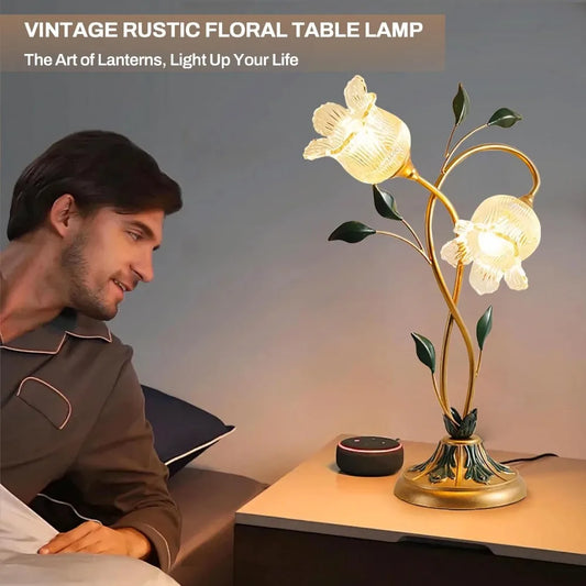 Gold Glass Flower Table Lamp Vintage 2-Light Floral Side Beside Desk Lamp Green Leaf and Milk Glass Lampshade Decorative Retro