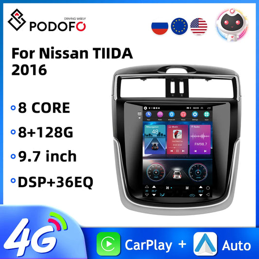 Podofo 8+128G 9.7''Car Radio For Nissan TIIDA 2016 Multimedia Player Carplay Android Auto 8Core WIFI&4G GPS Navigation Car Audio