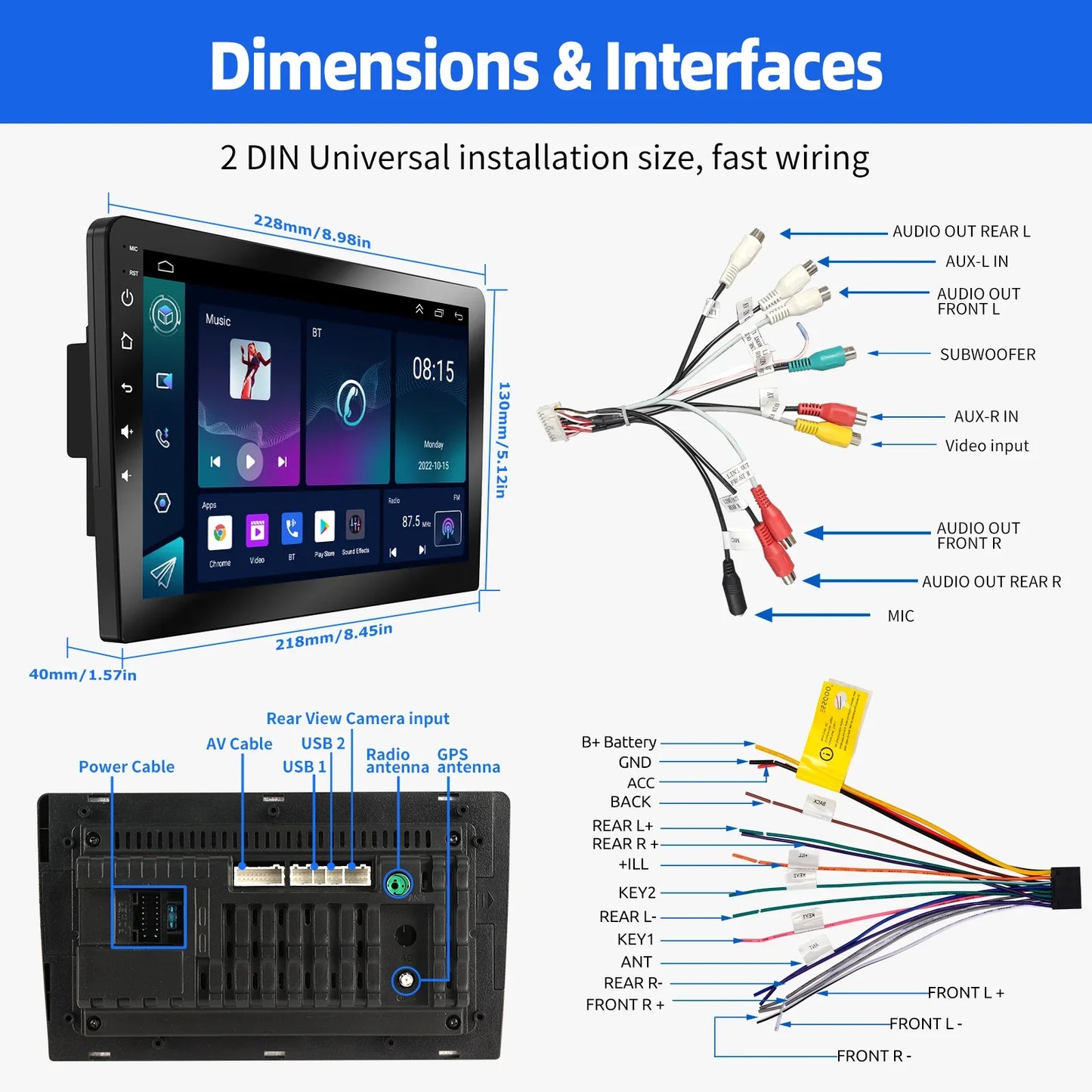 ESSGOO 9 Inch touchscreen 2 DIN Car stereo radio Android 14 Wireless Carplay Android auto play  GPS Navi WiFi FM RDS SWC BT USB