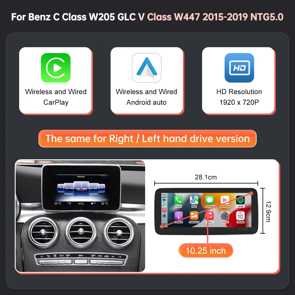 Wireless CarPlay Android Auto Multimedia Screen for Mercedes-Benz C Class W205 GLC V Class W447 A W176 CLA GLA 2015-2018 NTG5.0