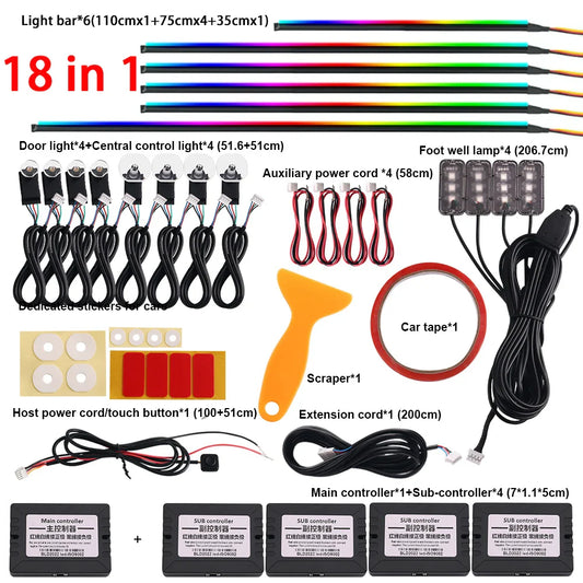 22 in 1 Universal Ambient Light Car Interior Acrylic Strip Kit 213 64 Color RGB Symphony Rainbow Dashboard Atmosphere Light APP