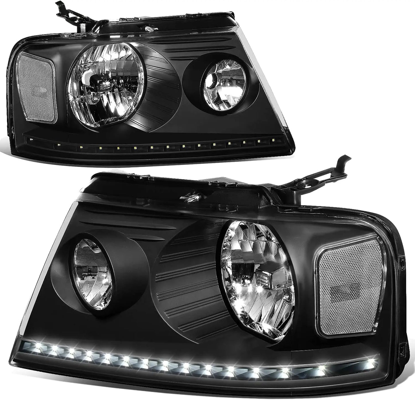 LED DRL Headlights Assembly Compatible with 2004-2008 Ford F-150 Lincoln Mark LT, Driver and Passenger Side Halogen Headlamps w/