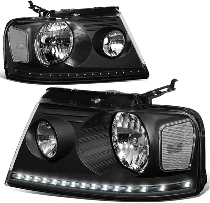 LED DRL Headlights Assembly Compatible with 2004-2008 Ford F-150 Lincoln Mark LT, Driver and Passenger Side Halogen Headlamps w/