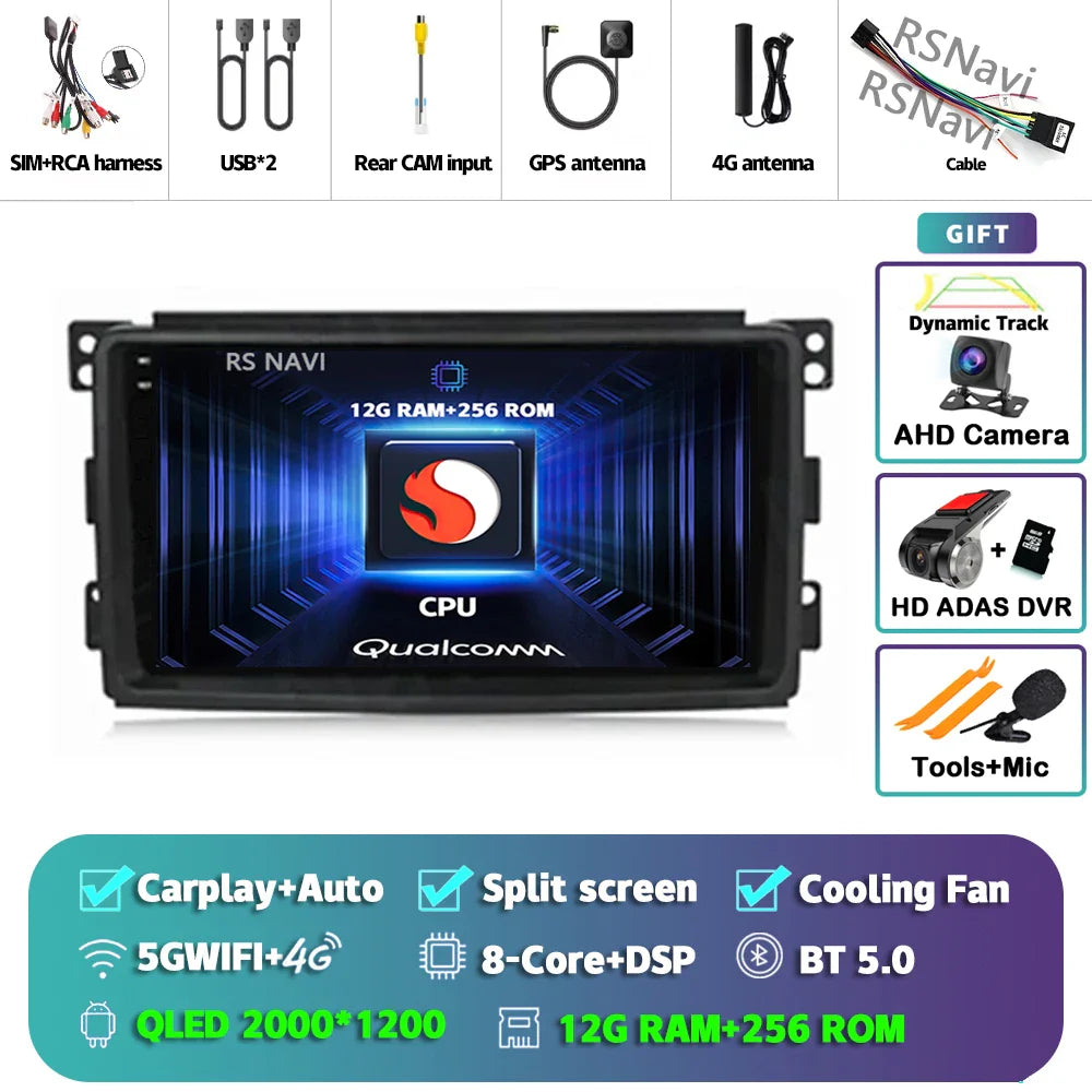 Android 14 Carplay Car Radio Multimedia For Mercedes-Benz Smart Fortwo 451 2005 - 2010 Head Unit GPS Navigation Video DVD Stereo