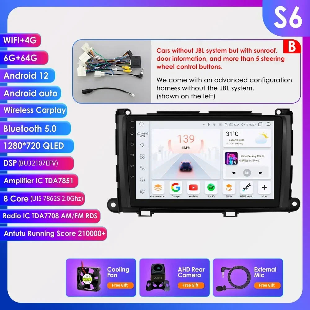 Hizpo For Toyota Sienna XL30 2010-2014 Car Radio Multimedia Video Player Navigation Stereo GPS Android Auto Carplay 8G+128GB RDS