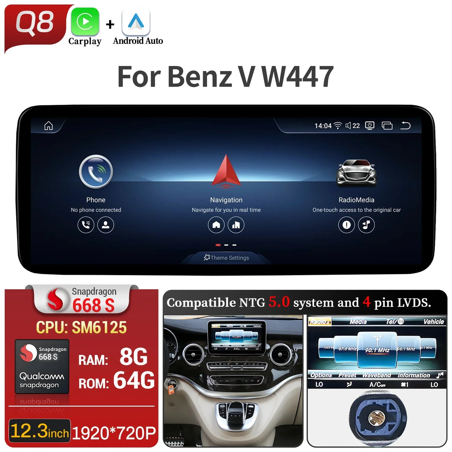 Car Radio For Mercedes Benz V Class W447 V250 V260 V350 Android 14 4G Wireless BT Carplay Snapdragon 680 Head Unit Touch Screen
