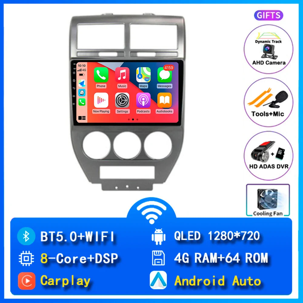 Android 14 Carplay Car Radio For Dodge Caliber Jeep Compass 1 MK Patriot 2006 - 2010 Navigation GPS Video Player wifi+4G Stereo