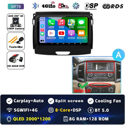 Android 15 Car Radio Stereo QLED Screen For Ford Ranger 2015 2016 2017 2018 2019-2022 GPS Multimedia Carplay Autoradio Head unit